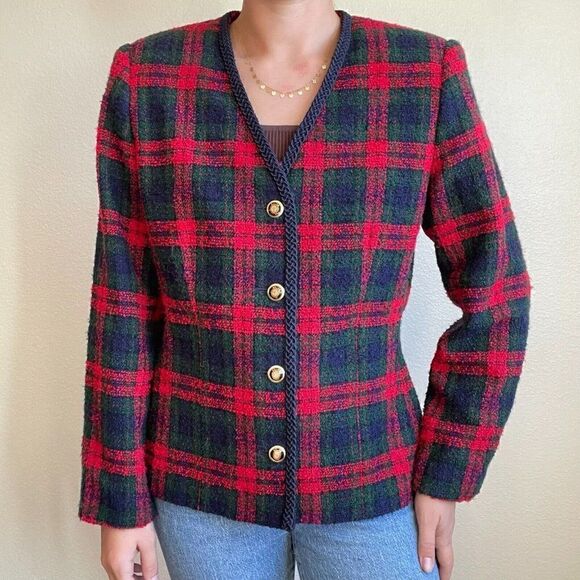 Vintage 80s Womens Lord Taylor Christmas Theme Plaid Red Green Cropped Blazer - Picture 1 of 9
